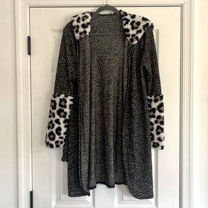 Leopard Print Fluffy Sherpa Sleeve Cardigan